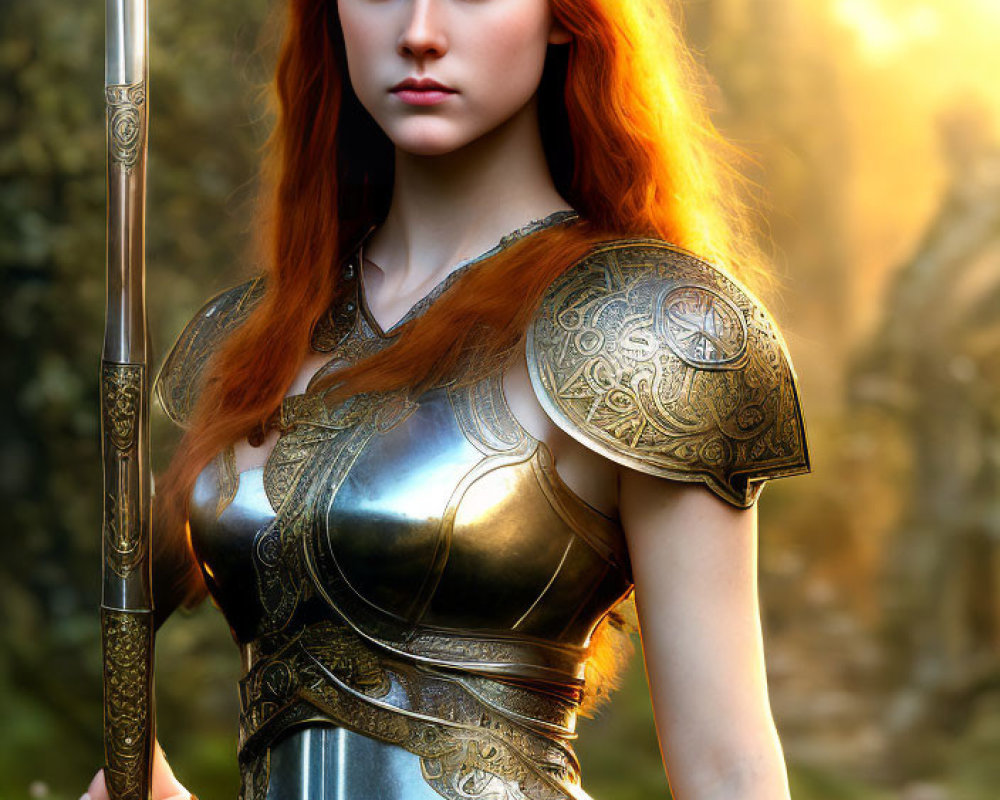 Red-haired warrior in detailed armor with spear and shield in sunlit forest