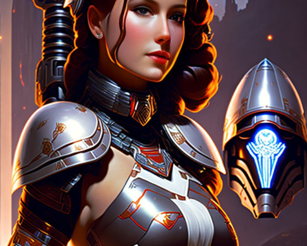 Futuristic female warrior in sleek armor with red energy weapon and detailed mechanical helmet under starlit sky
