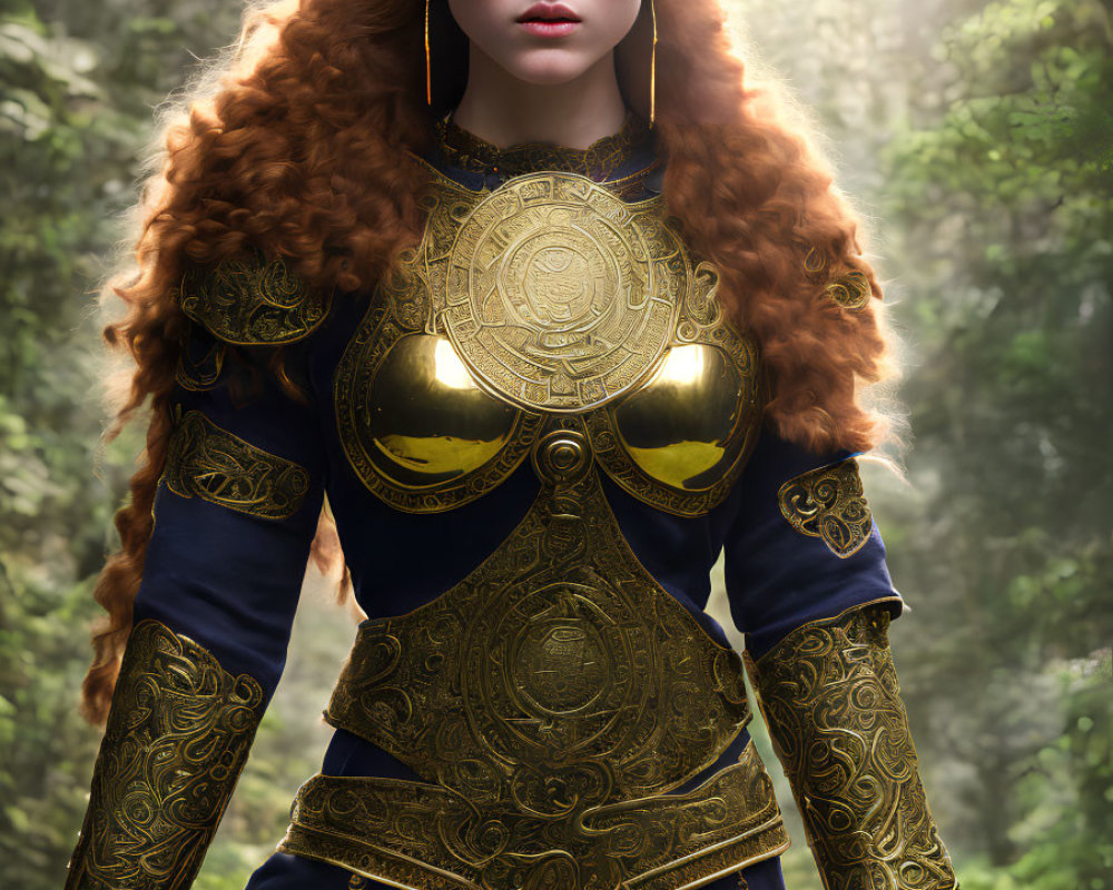 Regal woman in golden crown and medieval armor in misty forest