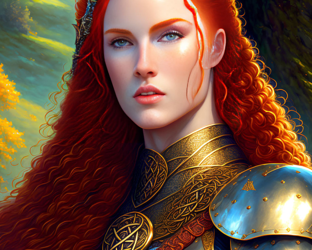 Red-Haired Woman in Ornate Armor with Fantasy Medieval Backdrop