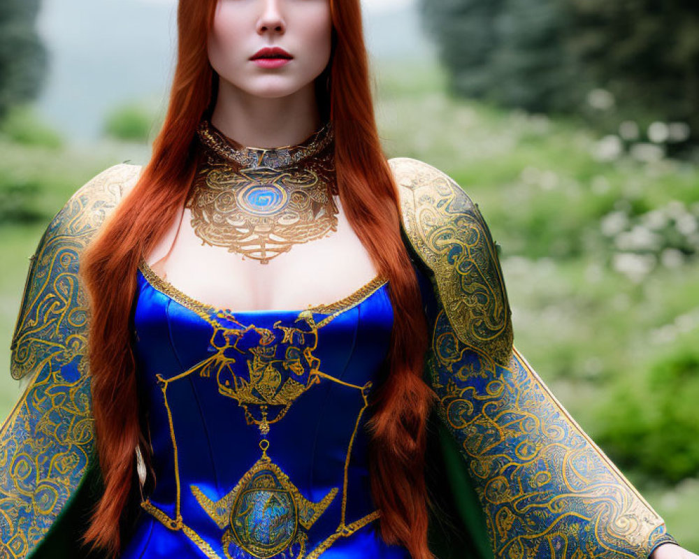 Red-haired woman in blue and gold medieval attire with crown in lush setting