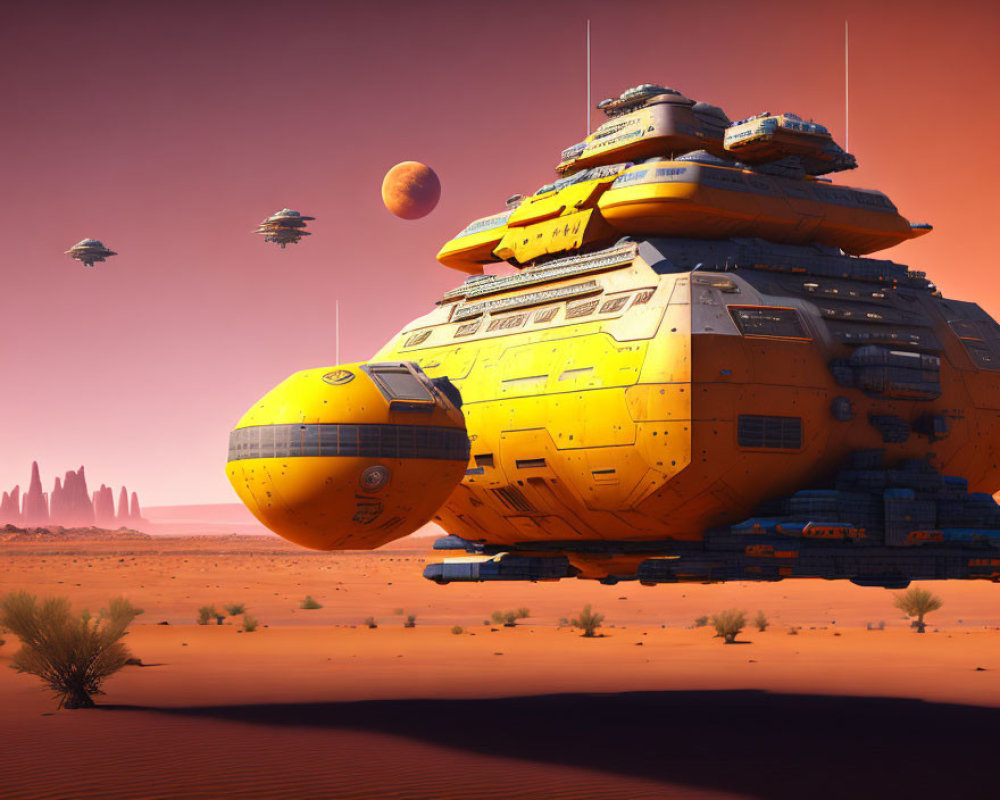 Futuristic yellow spaceship over desert with smaller ships and distant planet