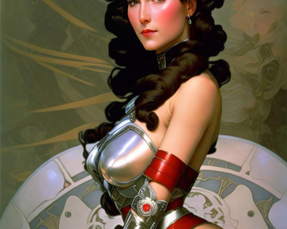 Female character with cybernetic arm in red and silver outfit against retro-futuristic backdrop