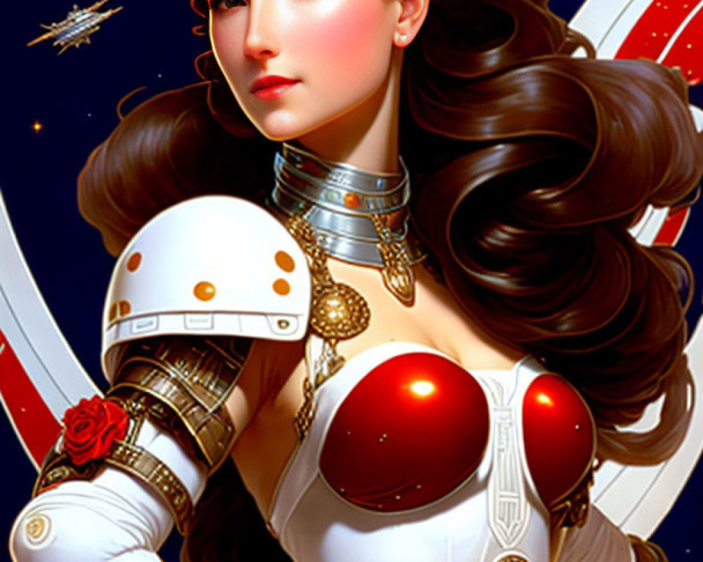 Futuristic female character in white and red armor with sci-fi hair and headpiece, set in