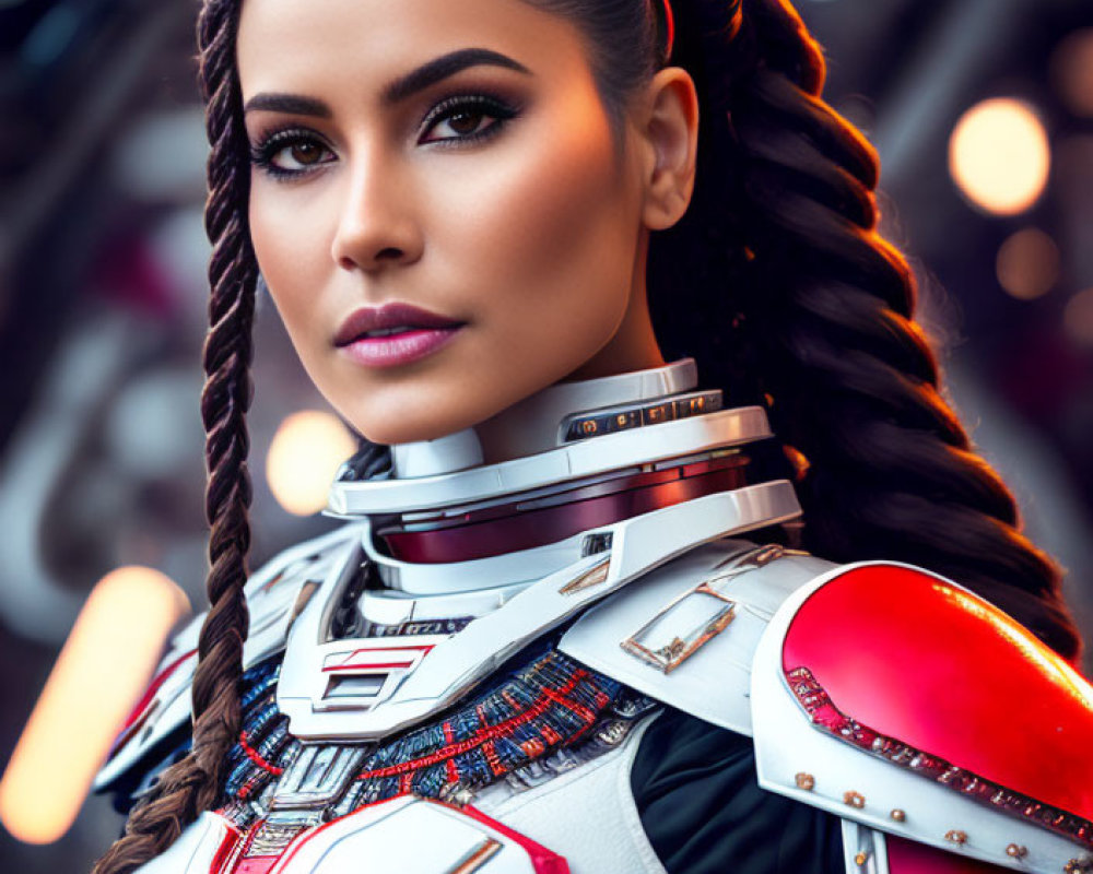 Braided hair woman in red and silver futuristic armor poses confidently