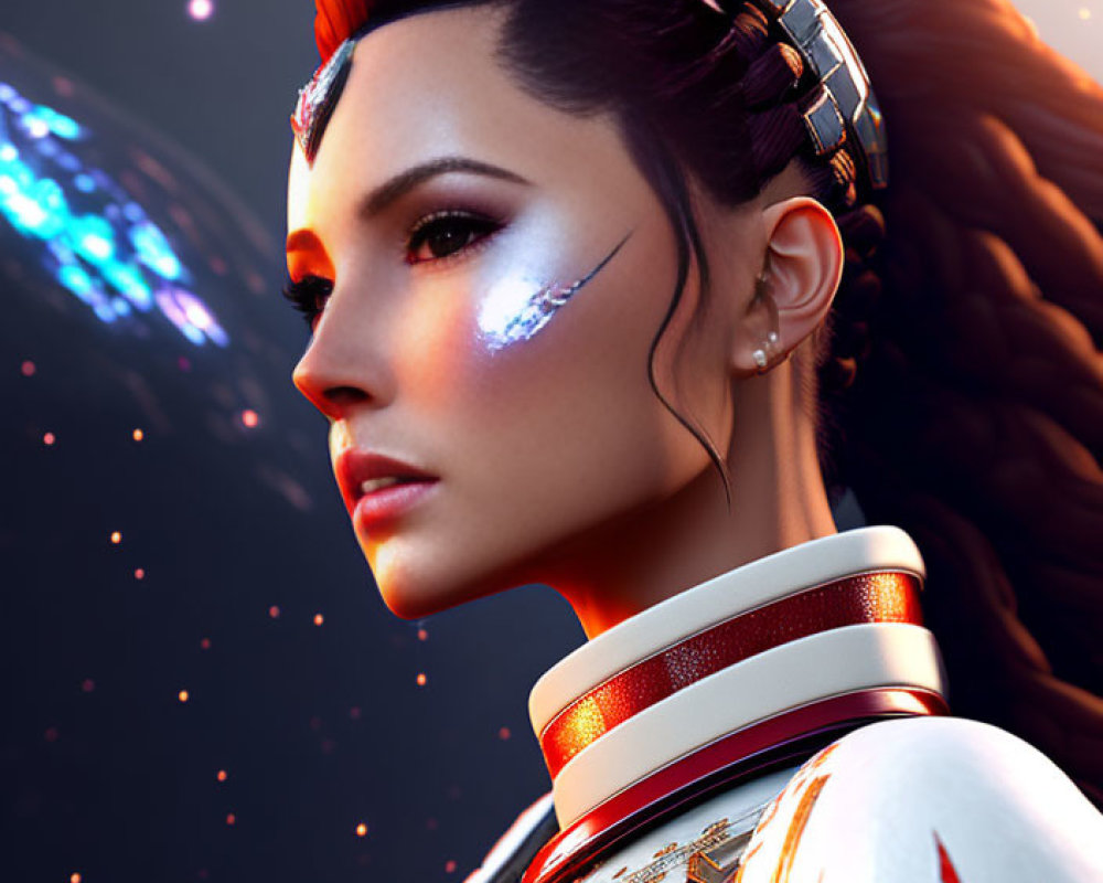 Futuristic woman in armor with cosmic backdrop