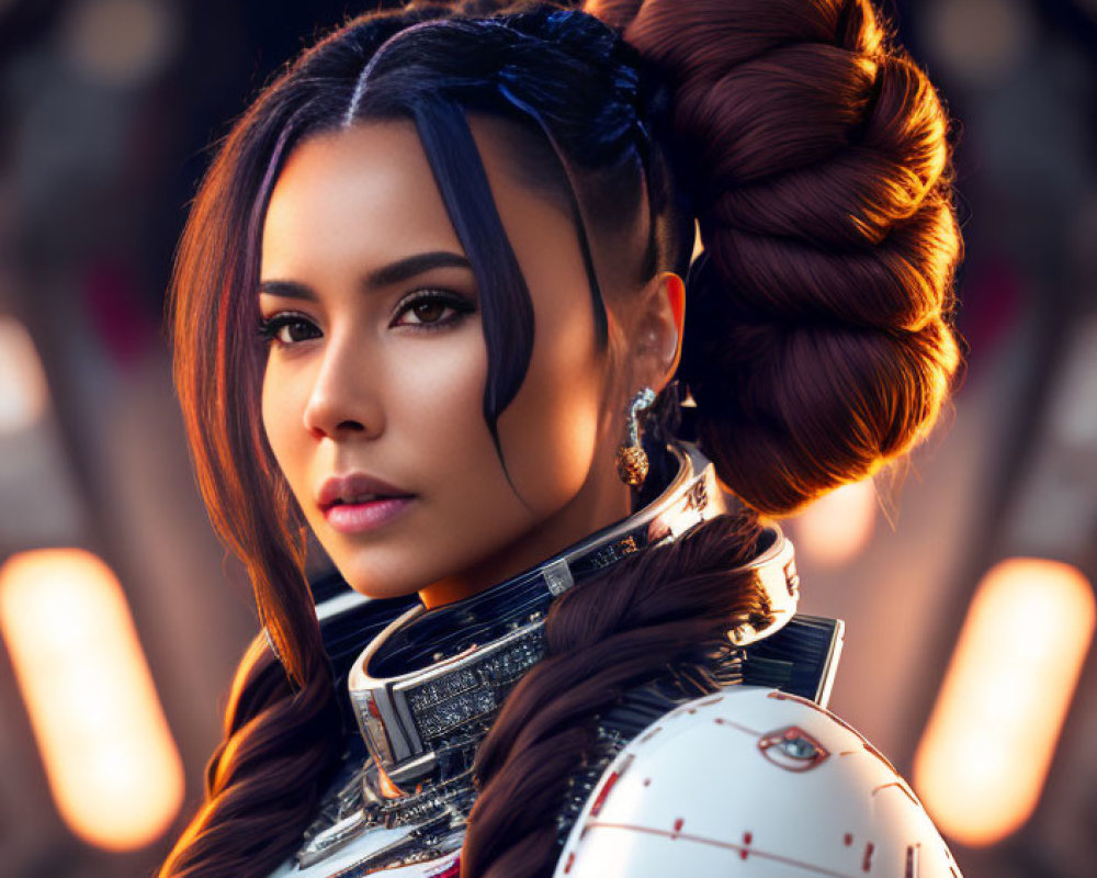 Braided hair woman in futuristic armor with blurred mechanical parts - sci-fi theme