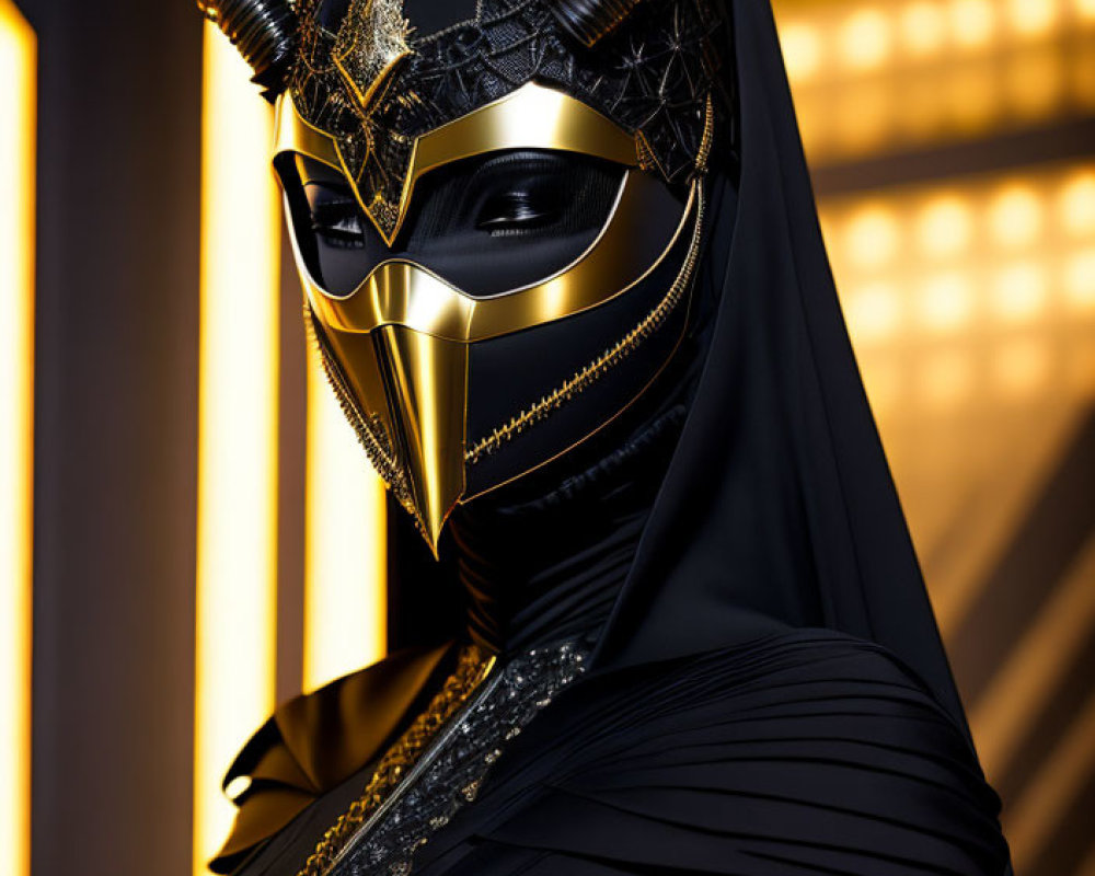 Black and Gold Outfit with Horned Mask on Geometric Background