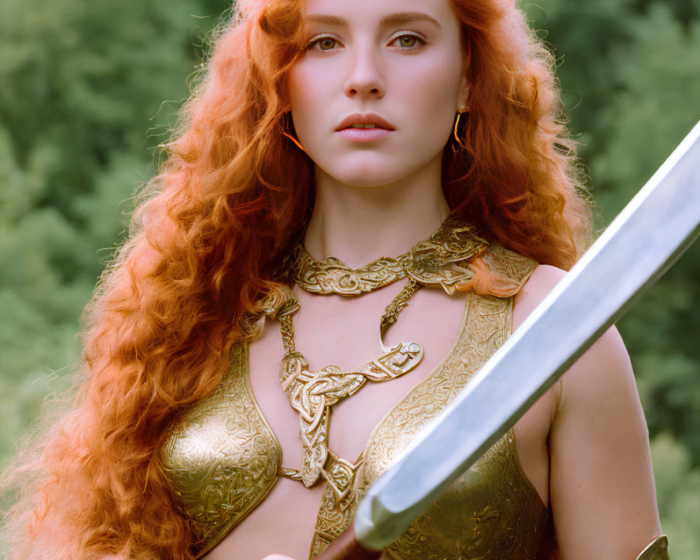 Red-haired woman in golden armor with sword against leafy backdrop