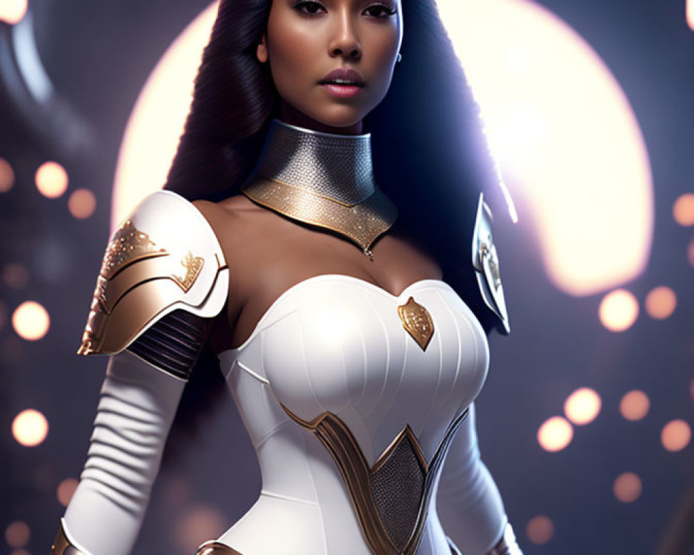 Fantasy armor-clad woman in regal pose with gold accents on bokeh background