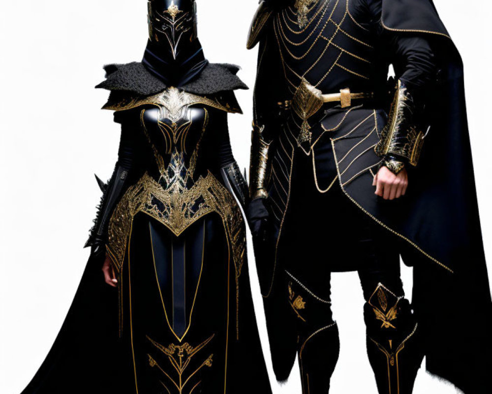 Ornate Black and Gold Costumed Characters with Helmets and Capes