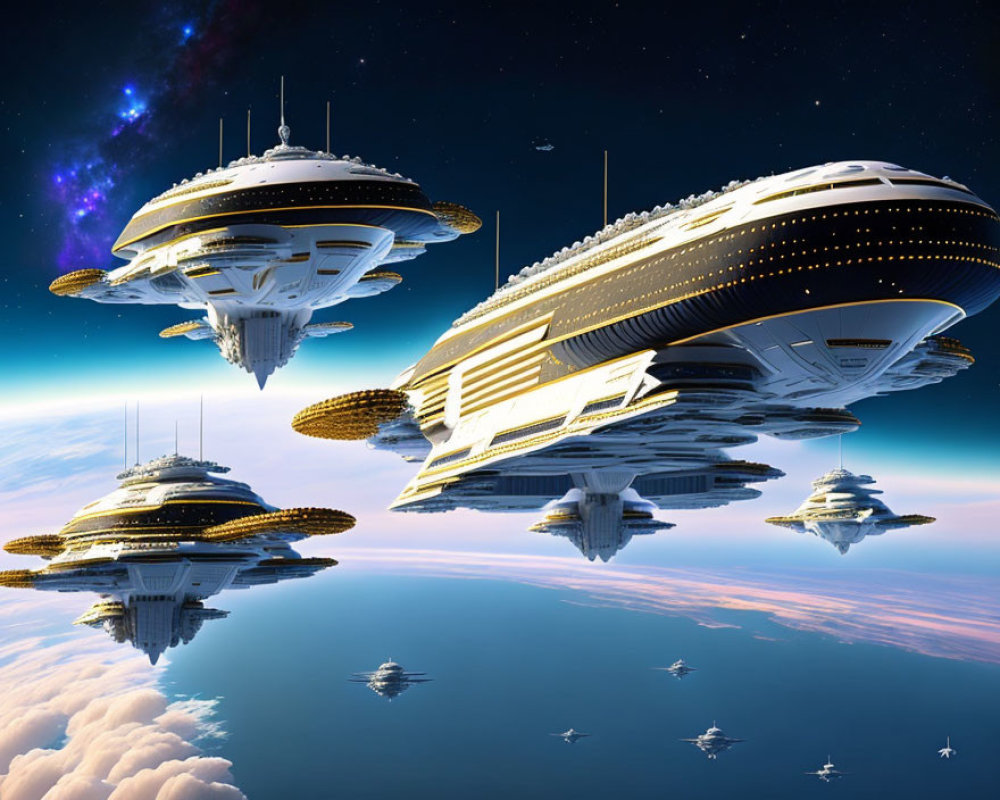 Futuristic spaceships hover over Earth with galaxy backdrop