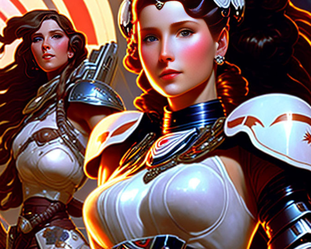 Futuristic female character in white and silver armor with brown hair and heroic pose on red and golden