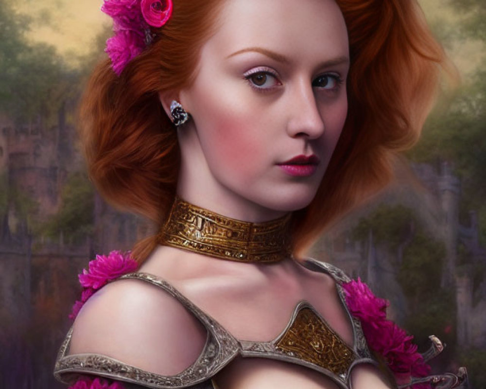 Digital artwork: Woman with red hair, crown, medieval armor, floral motifs, castle background