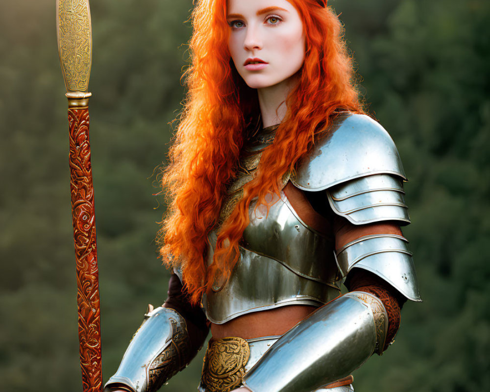 Fiery red-haired woman in medieval armor with spear in sunlit forest.