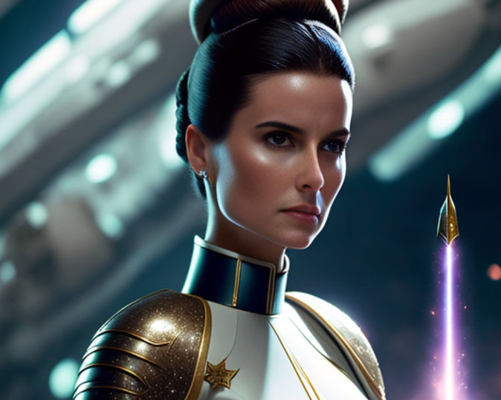 Futuristic person in white and gold uniform with space station backdrop and glowing spacecraft.