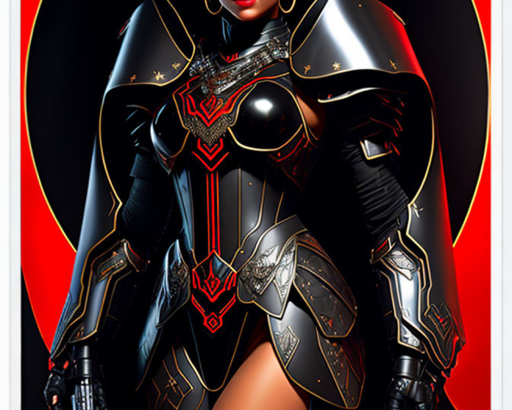Futuristic black and gold armor woman art on red background