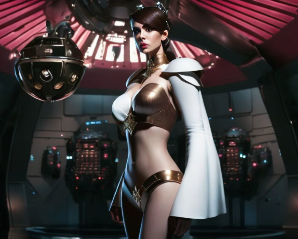 Futuristic woman in spaceship corridor with floating robot