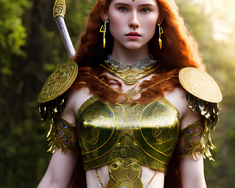 Red-haired woman in golden armor wields sword in forest sunlight.