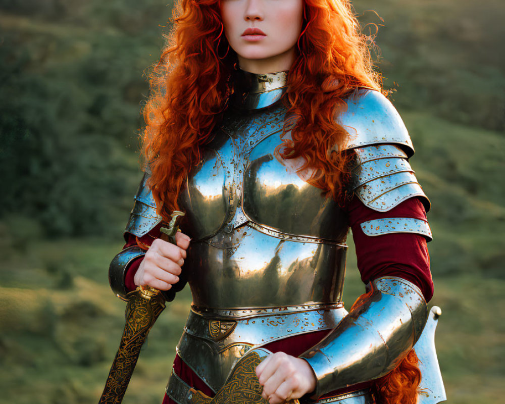 Red-haired woman in silver armor wields sword in sunny field