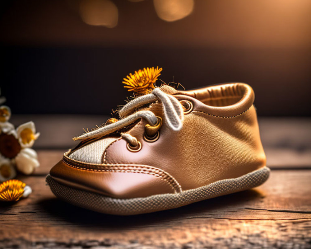 Toddler shoe with dandelion flowers on wooden surface
