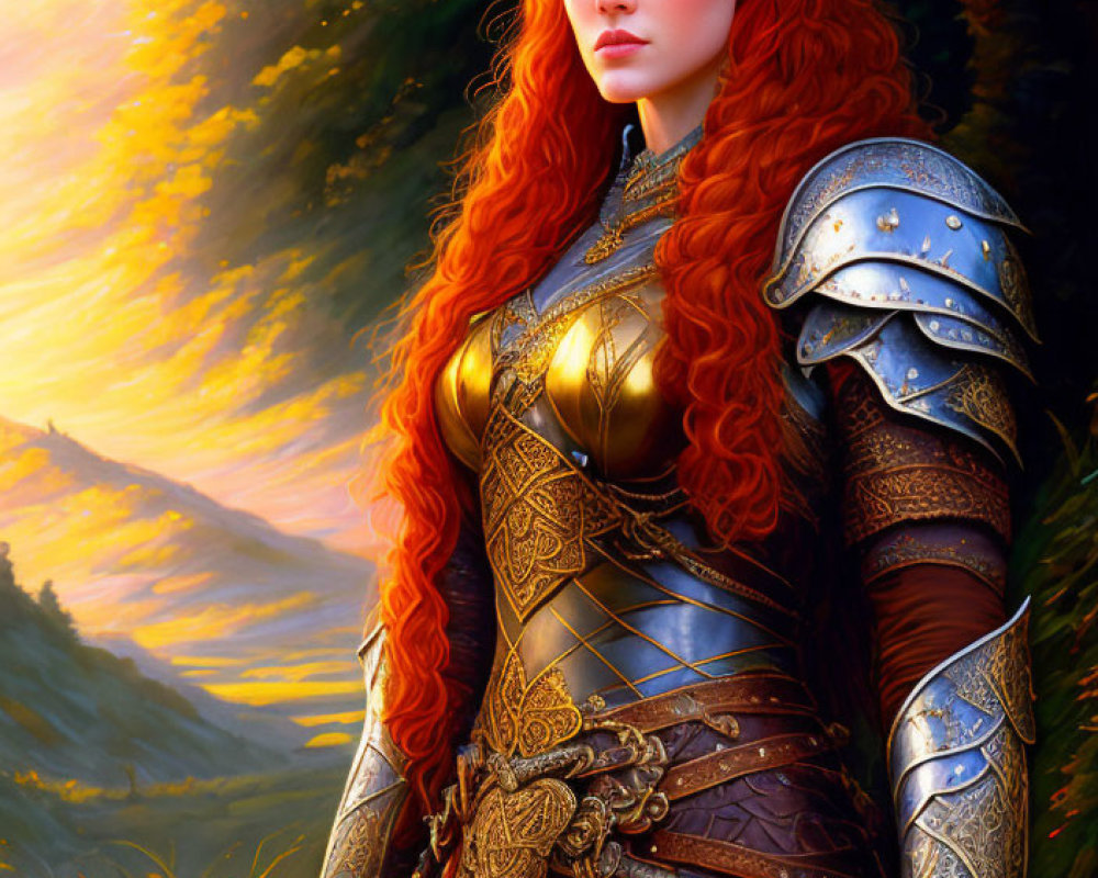 Red-haired female warrior in ornate armor with sword in hand against autumn forest backdrop