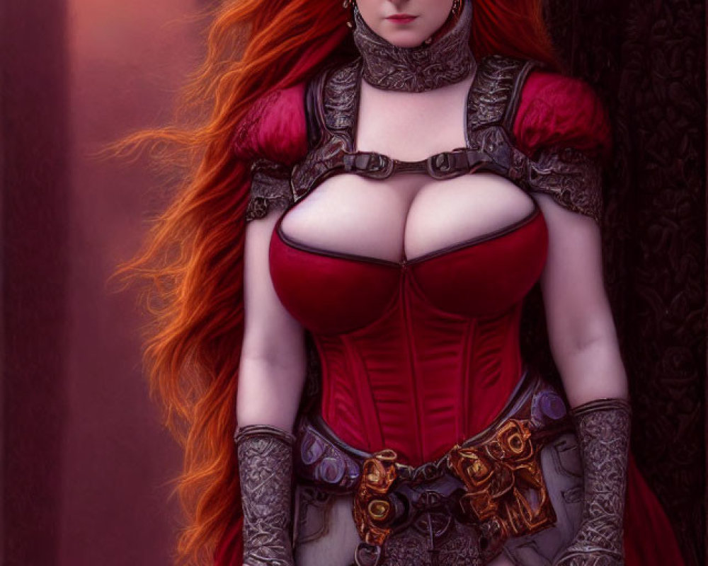 Regal woman in red and black corset against purple backdrop