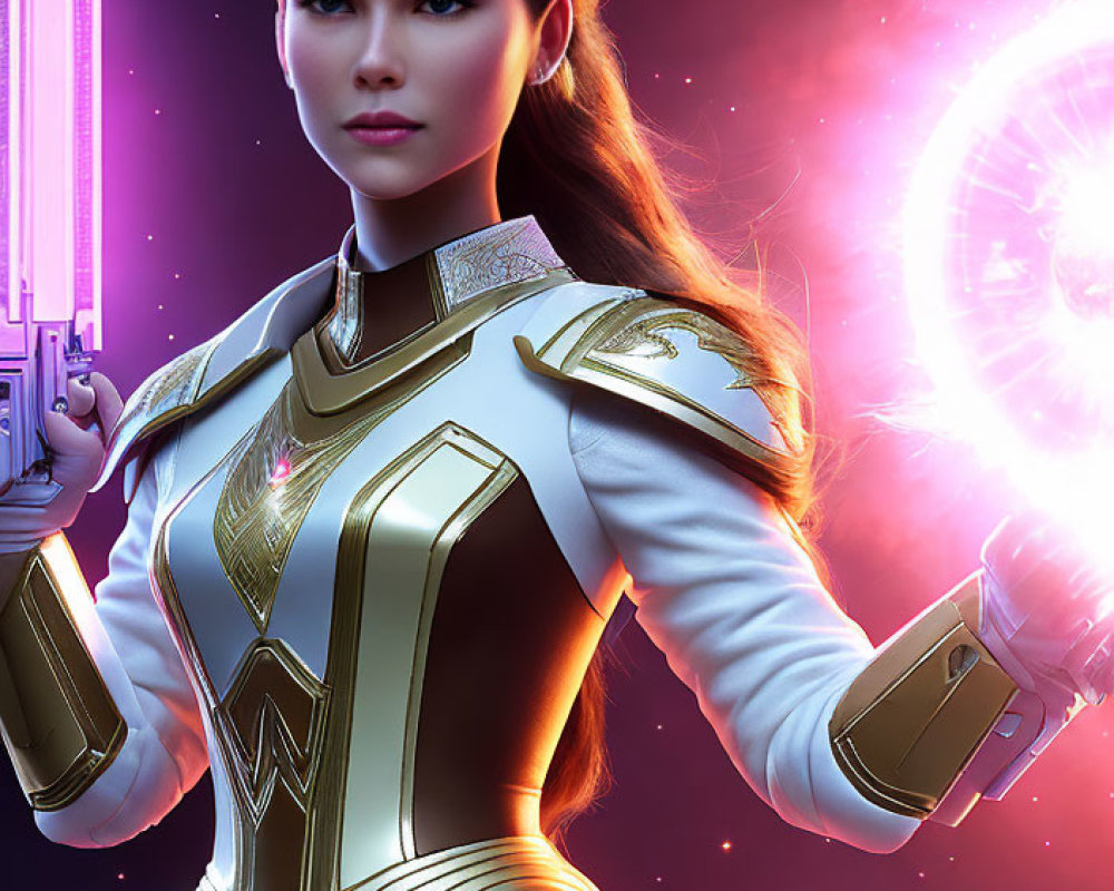 Futuristic digital artwork of woman in white and gold costume with light sword