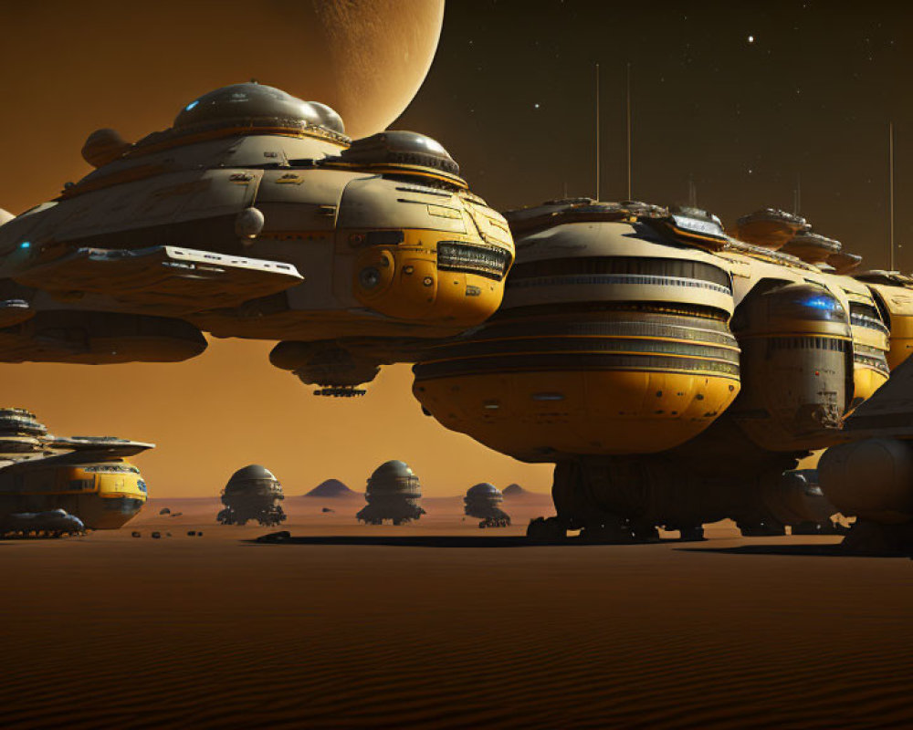 Futuristic spacecraft fleet above desert planet with amber sky