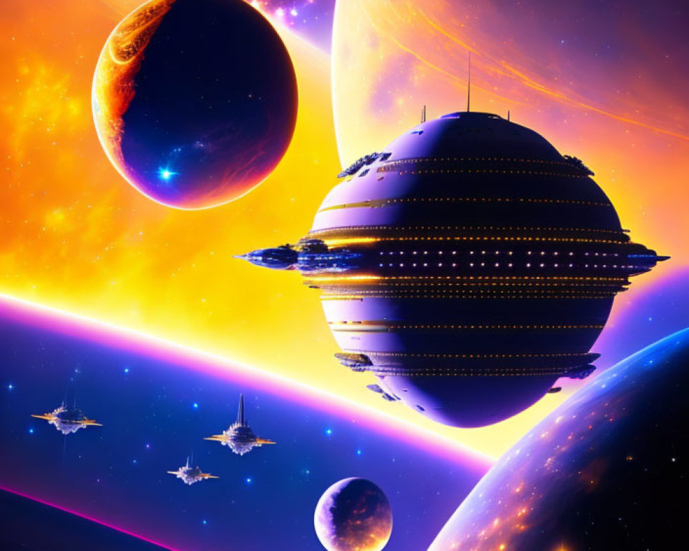 Colorful Sci-Fi Scene: Large Spaceship Fleet Amid Planets & Stars