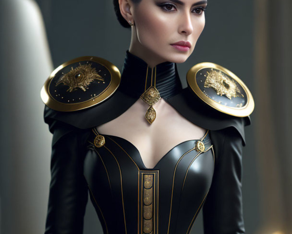 Elaborate Black and Gold Costume with High Collar and Shoulder Pads