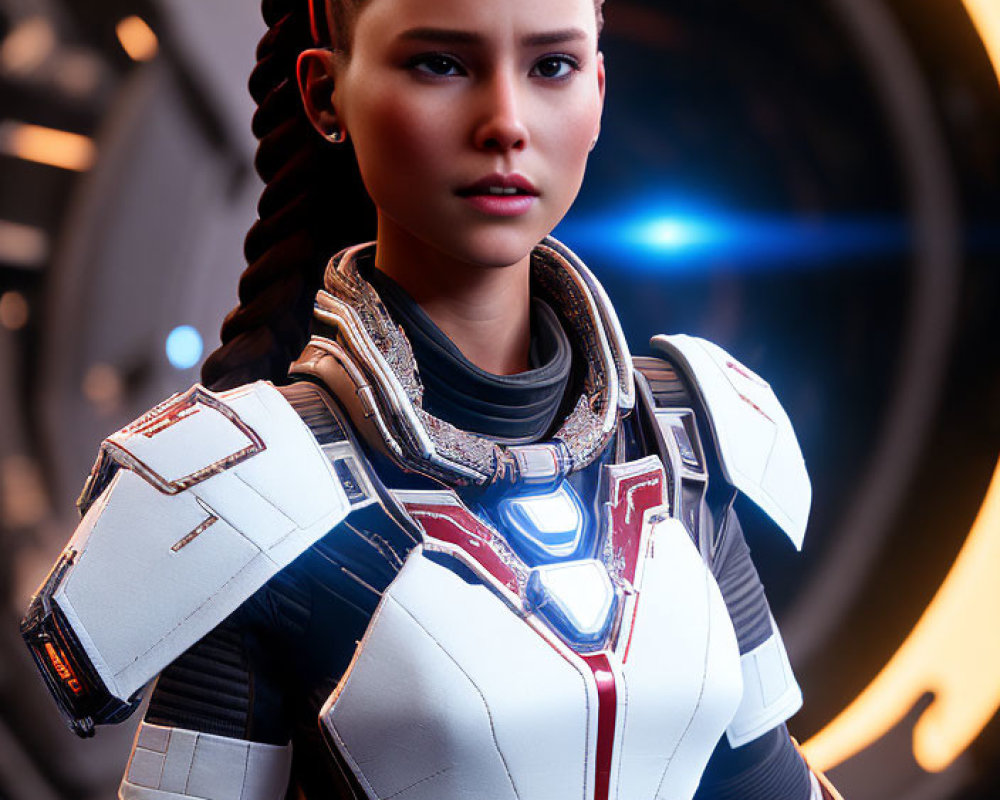 Futuristic female figure in white and red armor with glowing blue neckpiece in sci-fi corridor.