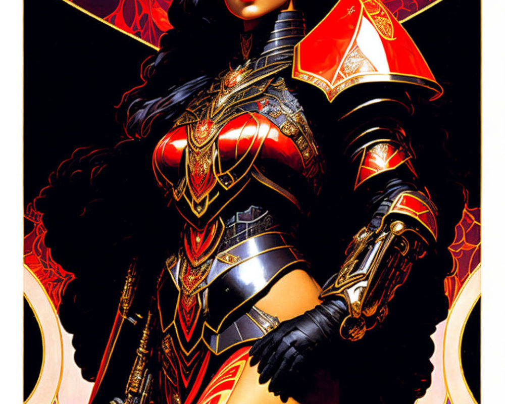 Woman in ornate red and gold armor with wing motifs and tiara against dark background