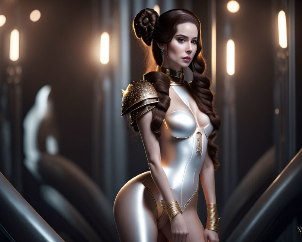 Futuristic silver and gold armor on woman in dimly lit corridor