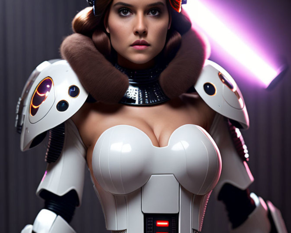 Futuristic female android with human-like features and fur collar in white and black design