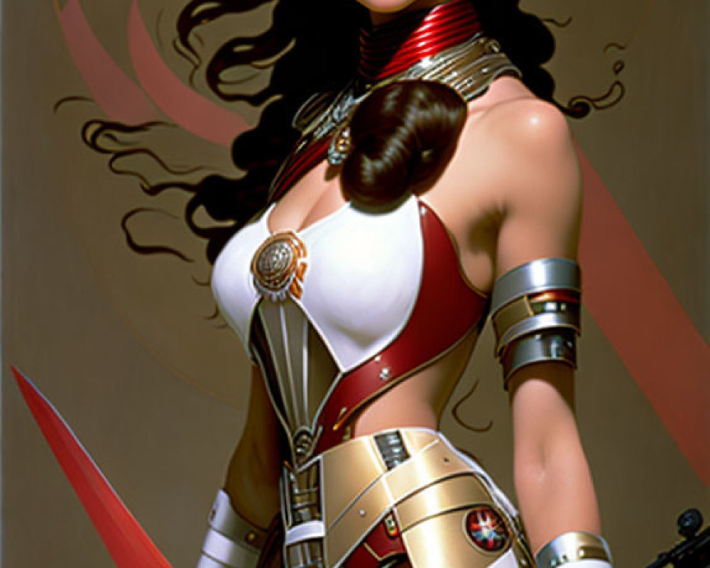 Futuristic female warrior in red and white costume with blaster on emblem backdrop