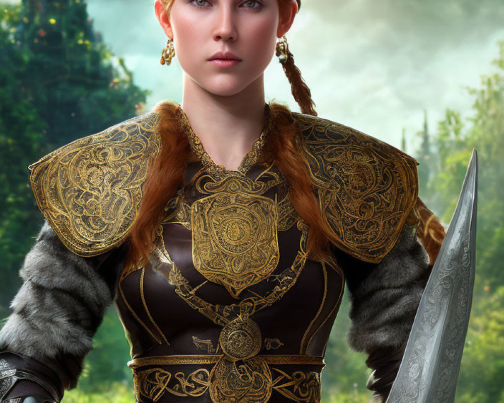 Regal woman in golden armor with red braided hair holding a silver sword