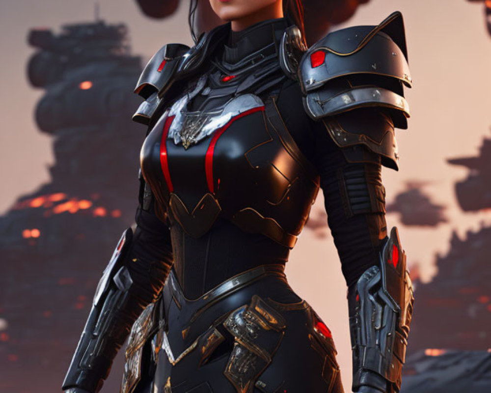 Futuristic woman in black and red armor with serious expression amidst industrial backdrop