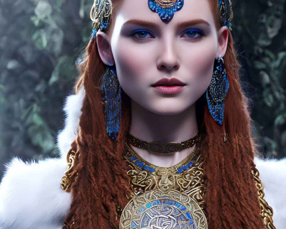 Woman with Blue Eyes and Red Hair in Ornate Jewelry in Mystical Forest