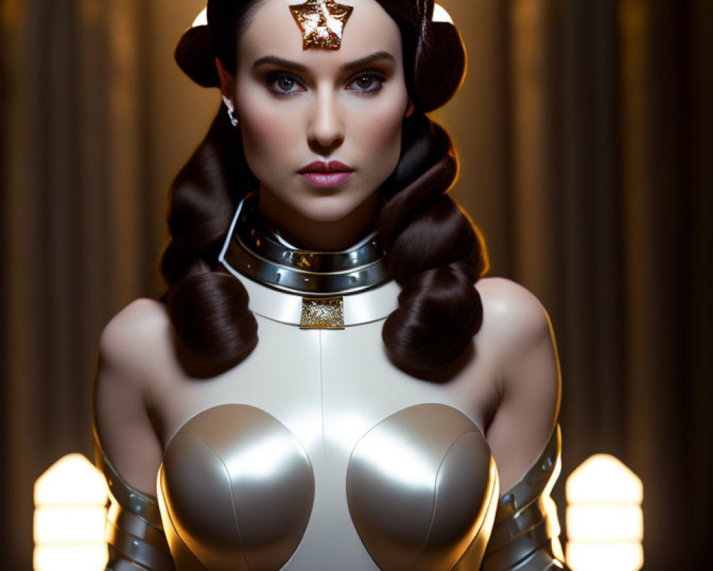 Futuristic woman in star-adorned costume on light background