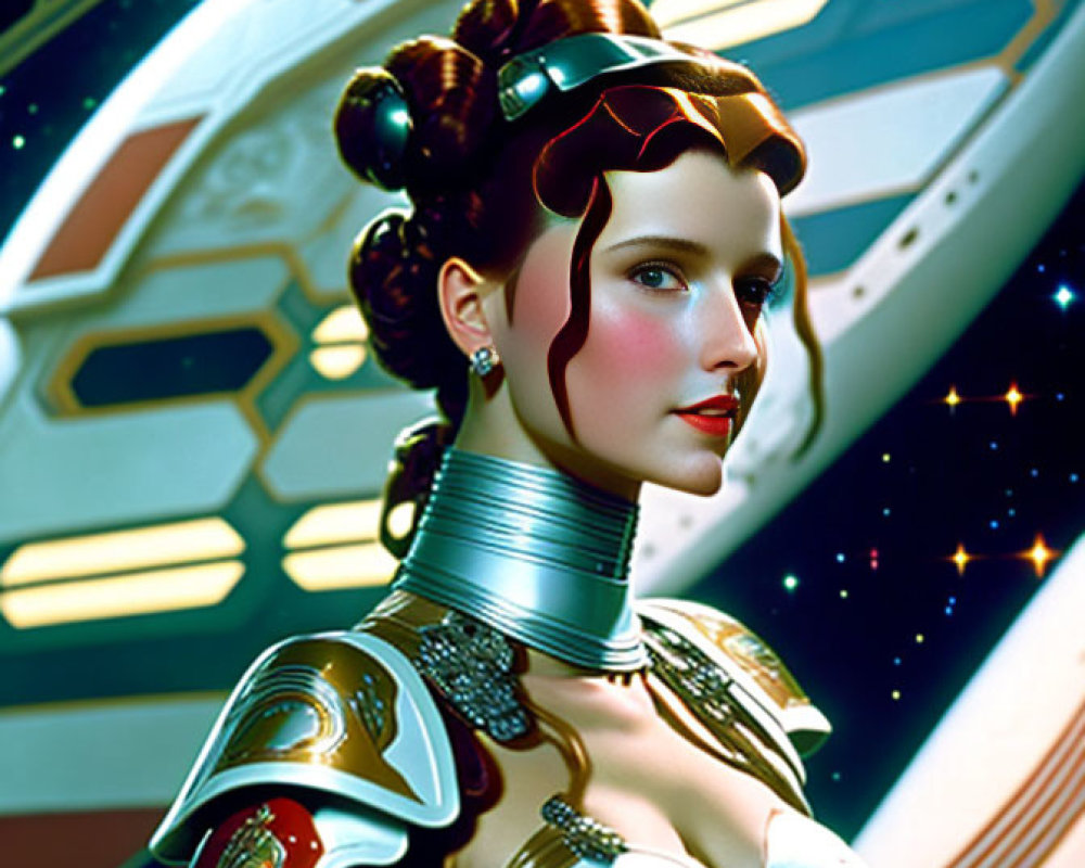 Futuristic female figure in cybernetic armor with spaceship background
