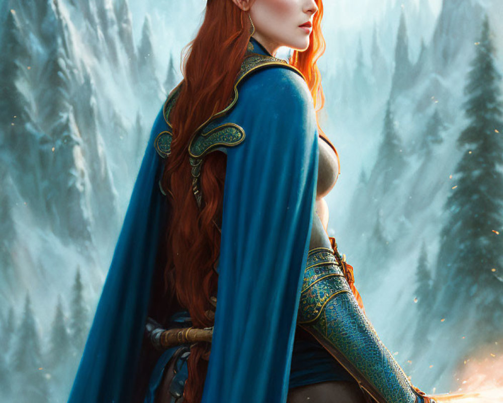 Digital Artwork: Red-Haired Woman with Glowing Sword in Snowy Mountain Landscape