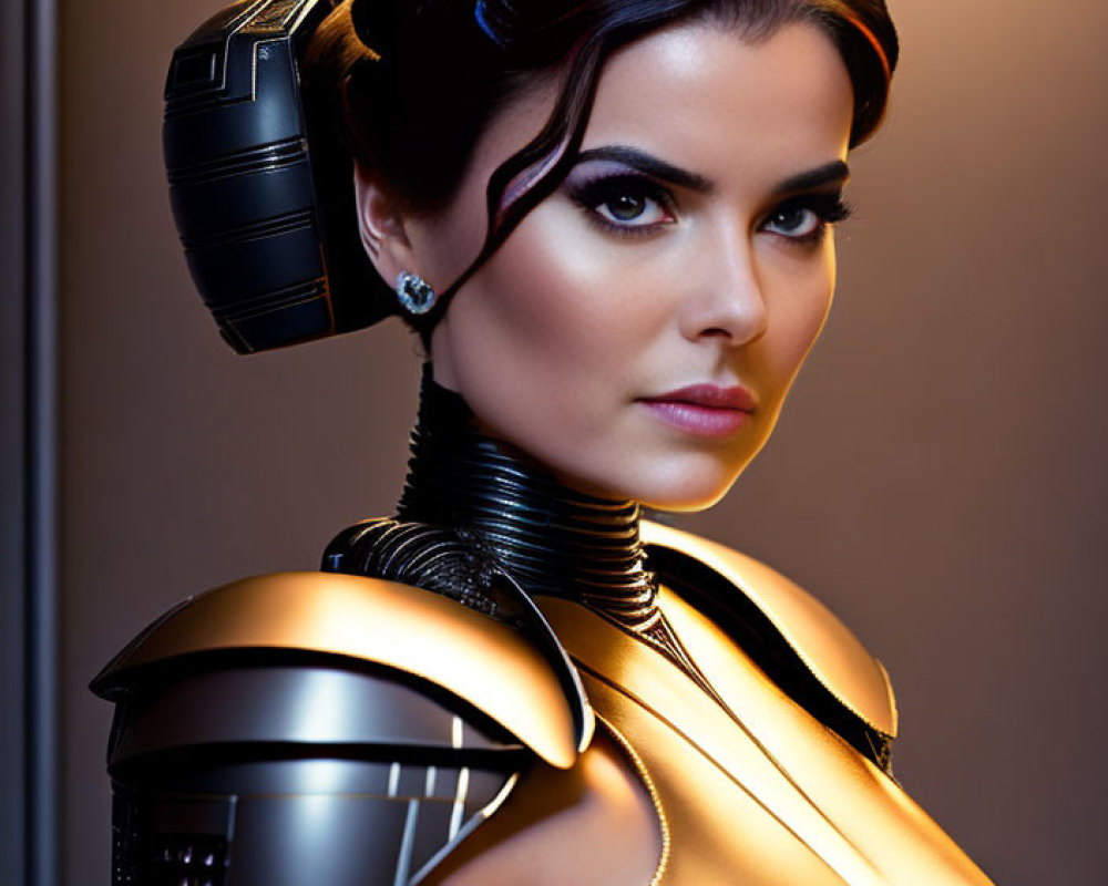 Futuristic woman with elegant hairstyle and metallic outfit