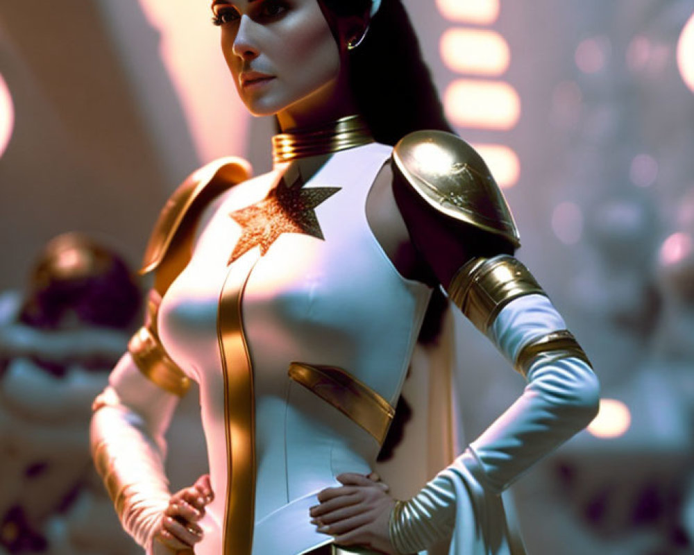 Futuristic white and gold armored costume on confident woman in heroic pose