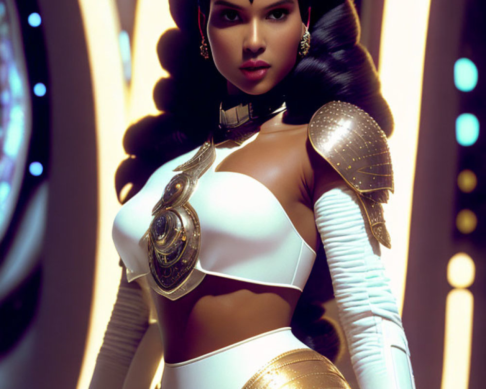 Futuristic female warrior in white and gold armor against glowing backdrop
