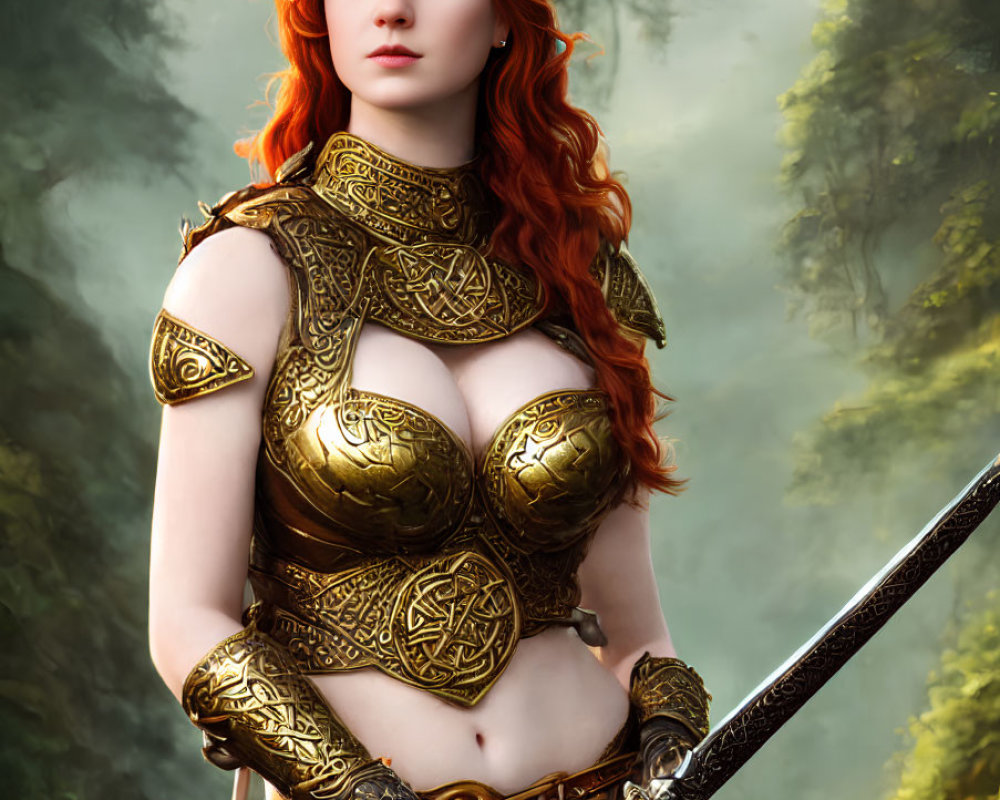 Red-Haired Warrior Woman in Golden Armor with Sword in Misty Forest