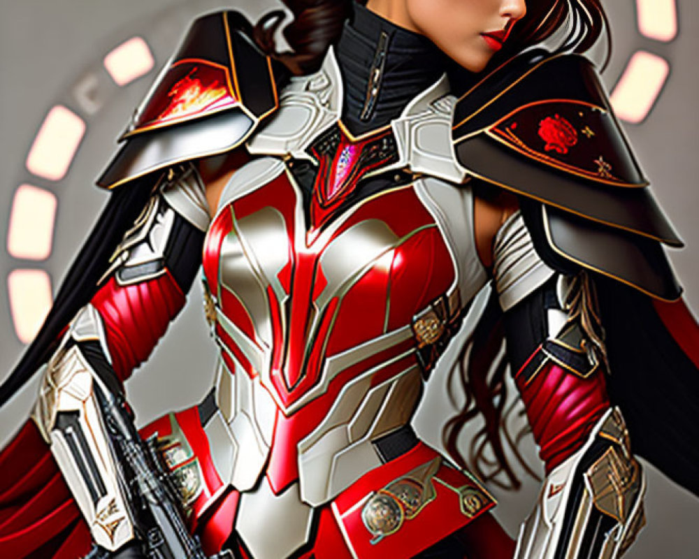 Futuristic digital artwork of woman in red and black armor with floral motif