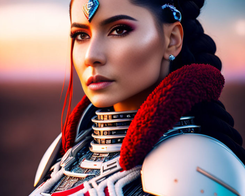 Braided hair woman in futuristic warrior attire with metallic armor and red collar at sunset
