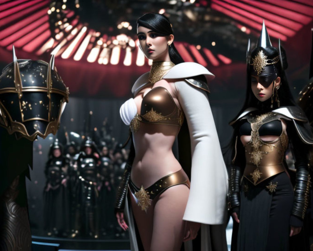 Three futuristic warriors in ornate armor standing confidently in a high-tech hall with soldiers in the background