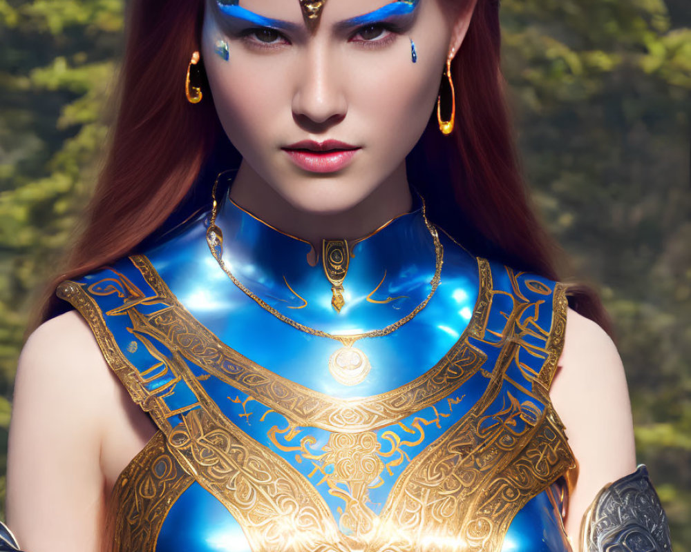 Regal woman digital artwork in ornate blue-gold armor